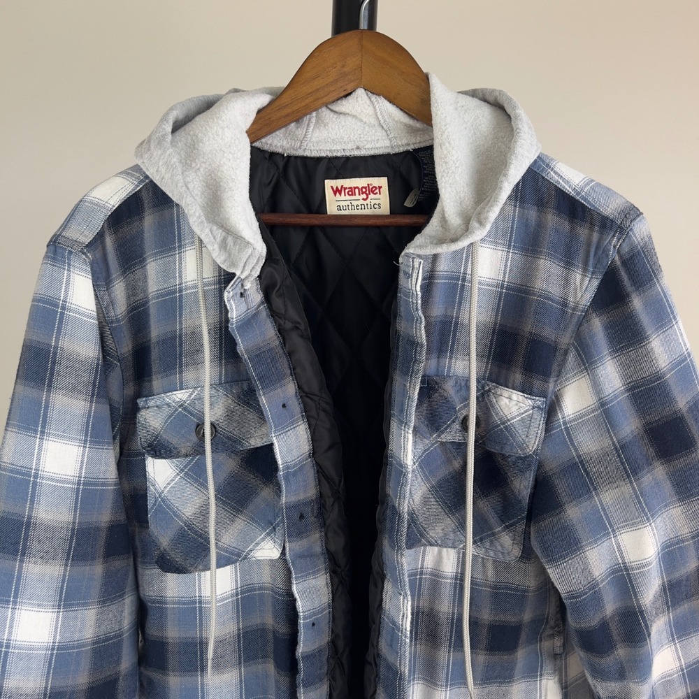 Wrangler Authentics Mens Blue Plaid Quilted Lined Hooded Flannel Shirt Jacket M